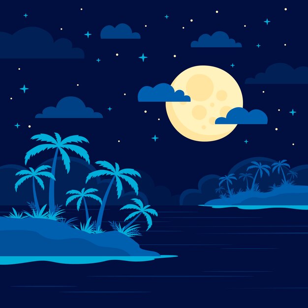 Flat summer night illustration with beach view