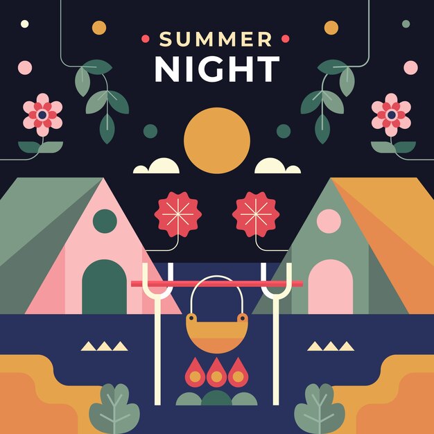 Flat summer night illustration with bonfire and tents