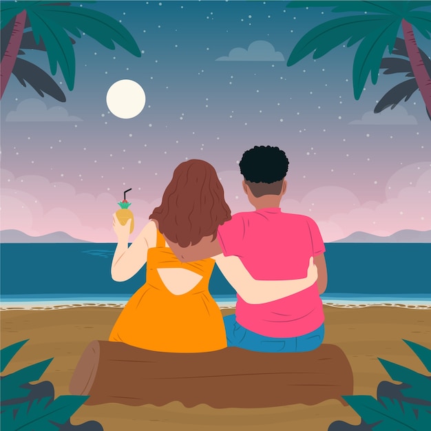 Free Vector flat summer night illustration with couple on beach