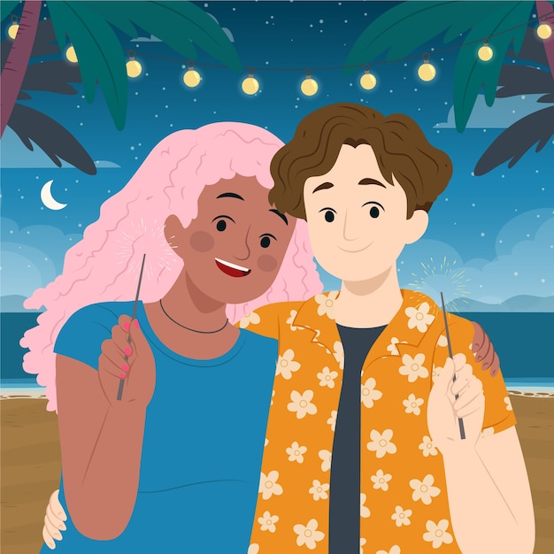 Free vector flat summer night illustration with couple on beach