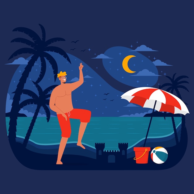 Flat summer night illustration with man dancing on the beach