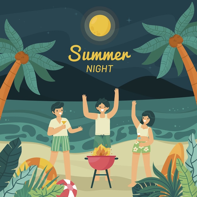 Free Vector flat summer night illustration with people barbecuing on the beach