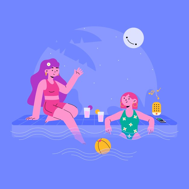 Flat summer night illustration with people at the pool