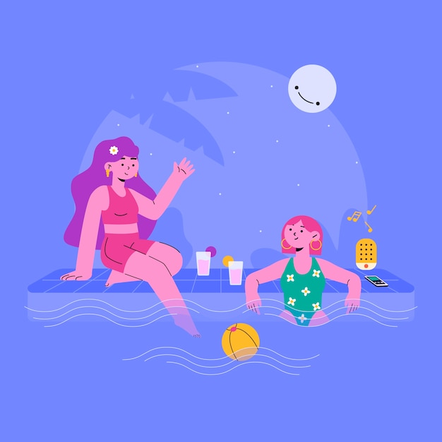 Flat summer night illustration with people at the pool