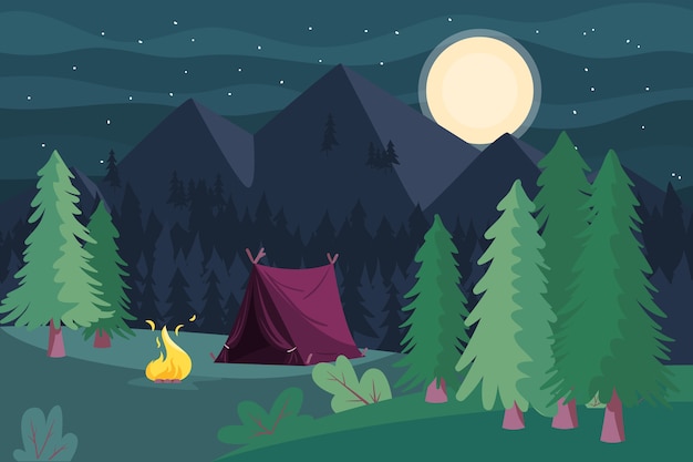 Free Vector flat summer night illustration with tent and mountains