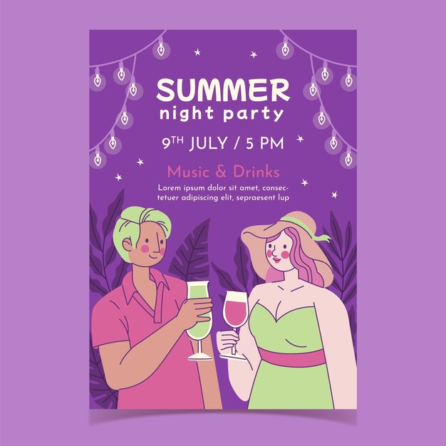 Flat summer night party poster template with couple having cocktails