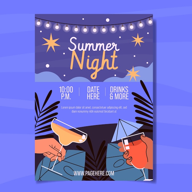 Flat summer night party poster template with hands holding cocktails