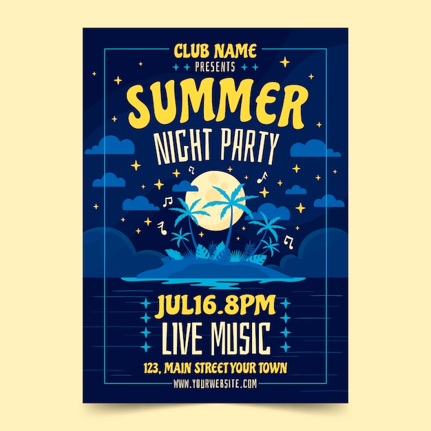 Flat summer night party poster template with moon and palm trees