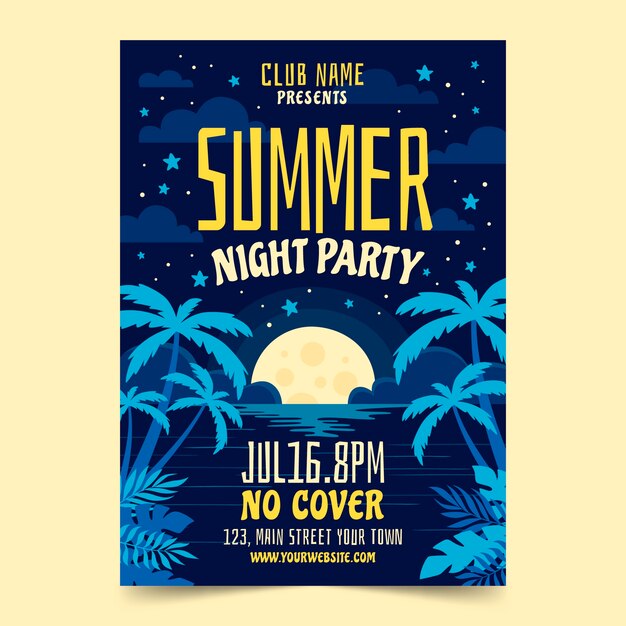 Flat summer night party poster template with moon and palm trees