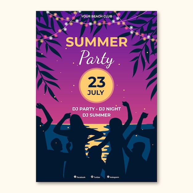 Flat summer night party poster template with silhouettes of people dancing on the beach