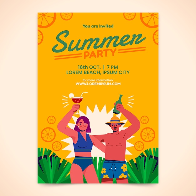 Flat summer party invitation template with people