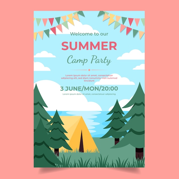 Flat summer party vertical flyer template with camping tent and trees