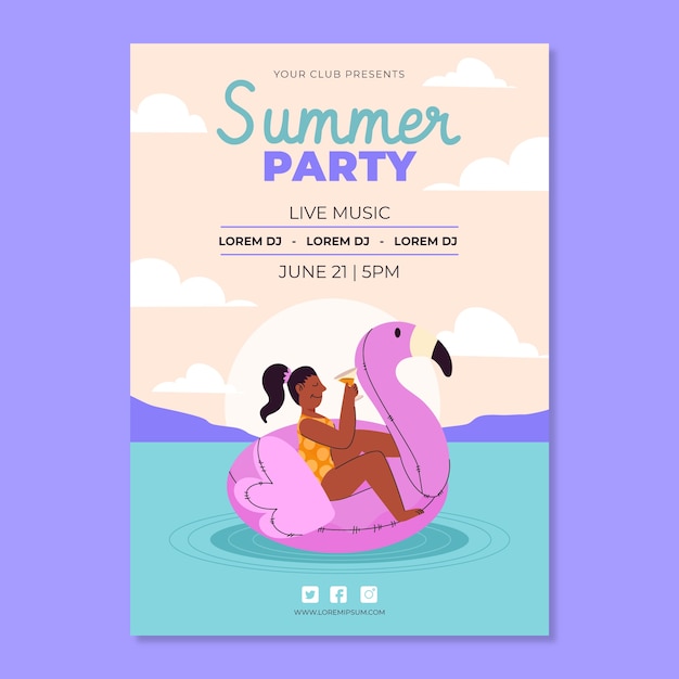 Flat summer party vertical flyer template with woman having cocktail