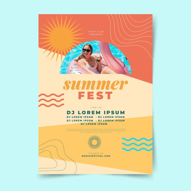 Flat summer party vertical poster template with photo