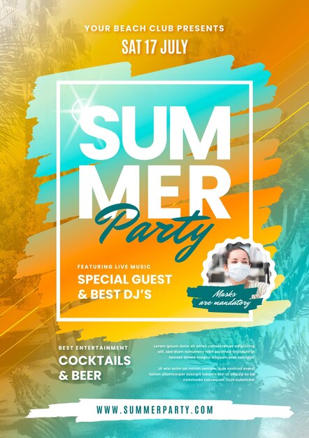 Flat summer party vertical poster template with photo