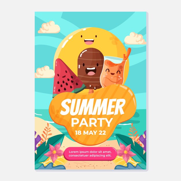 Flat summer party vertical poster template