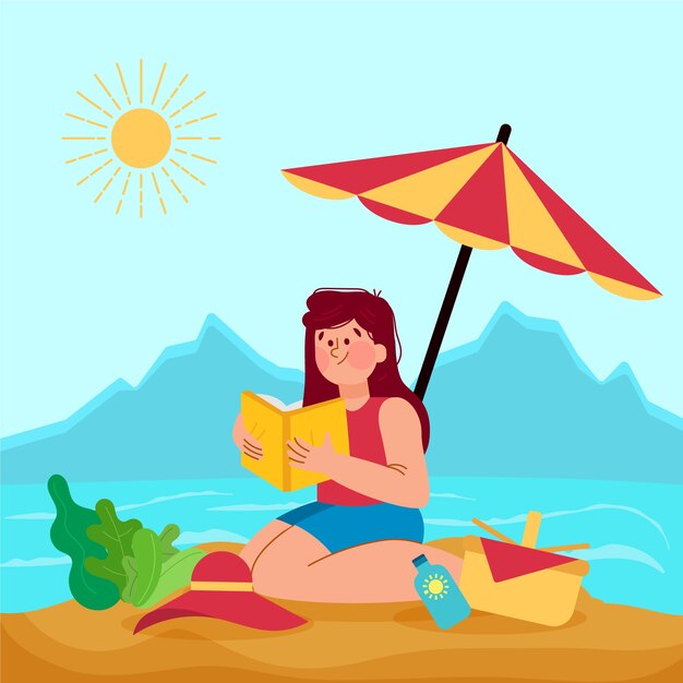 Flat summer reading books illustration with under beach umbrella