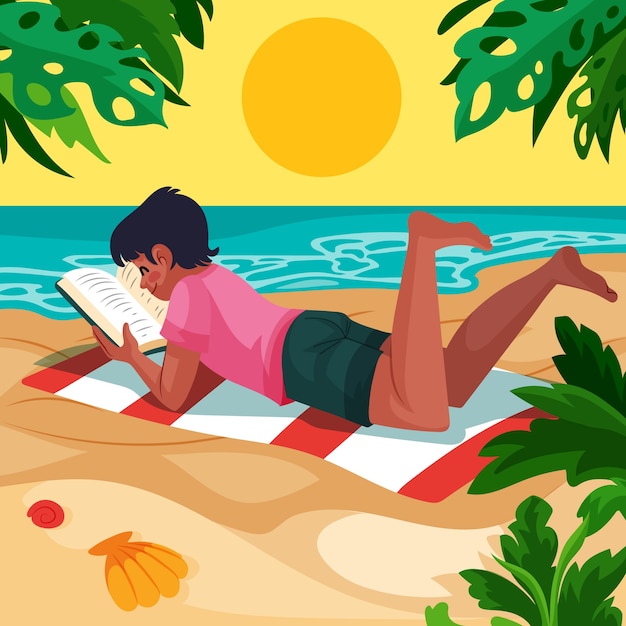 Flat summer reading books illustration with boy on a beach towel