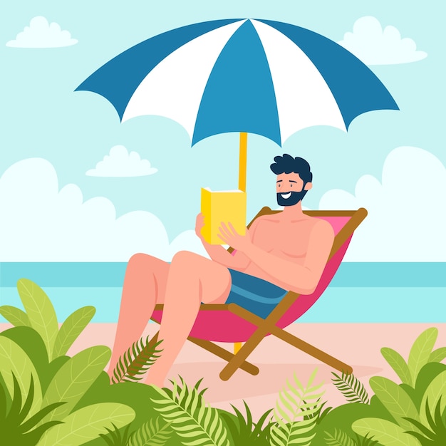 Flat summer reading books illustration with man on chair under beach umbrella