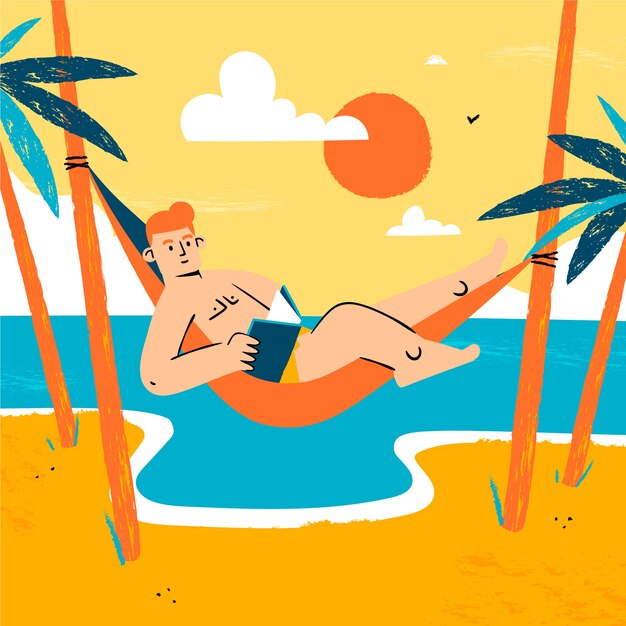 Flat summer reading books illustration with man in hammock at the beach