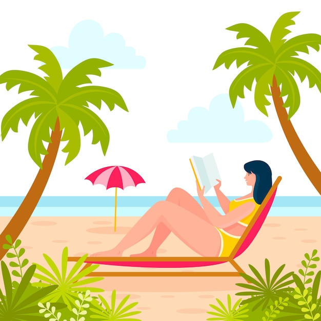 Flat summer reading books illustration with woman on beach chair and palm trees