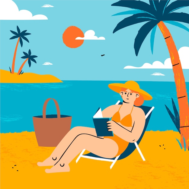 Flat summer reading books illustration with woman in beach chair