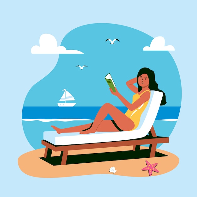 Free Vector flat summer reading books illustration with woman on beach chair