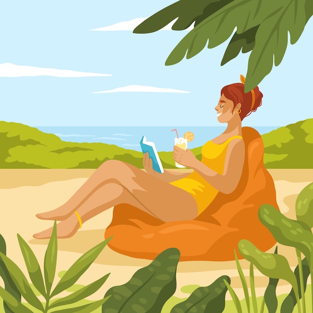 Flat summer reading books illustration with woman at the beach and vegetation