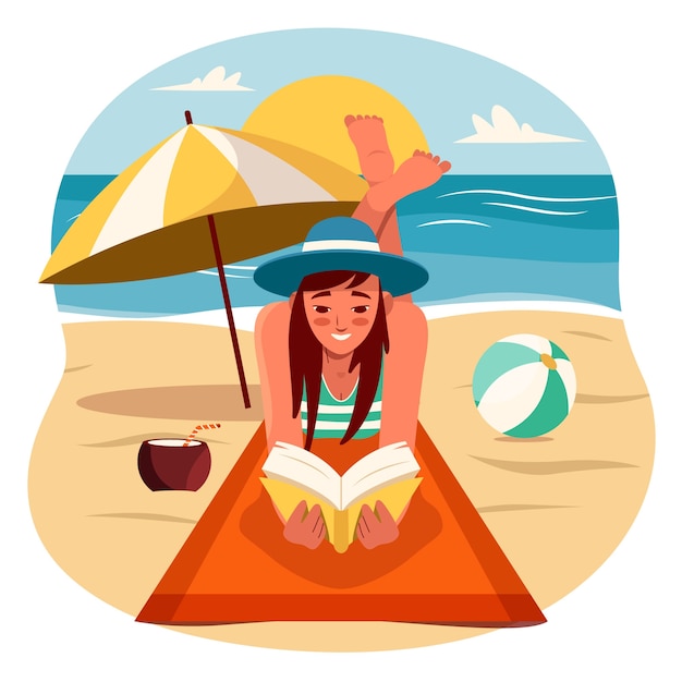 Flat summer reading books illustration with woman at the beach