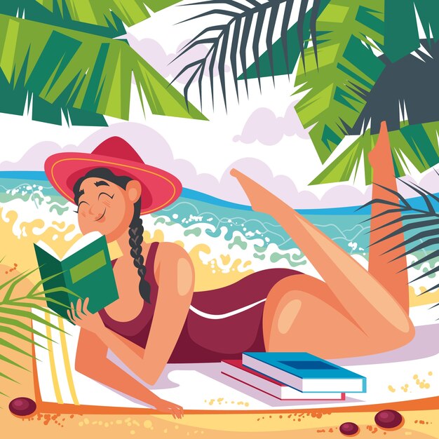 Flat summer reading books illustration with woman on beach