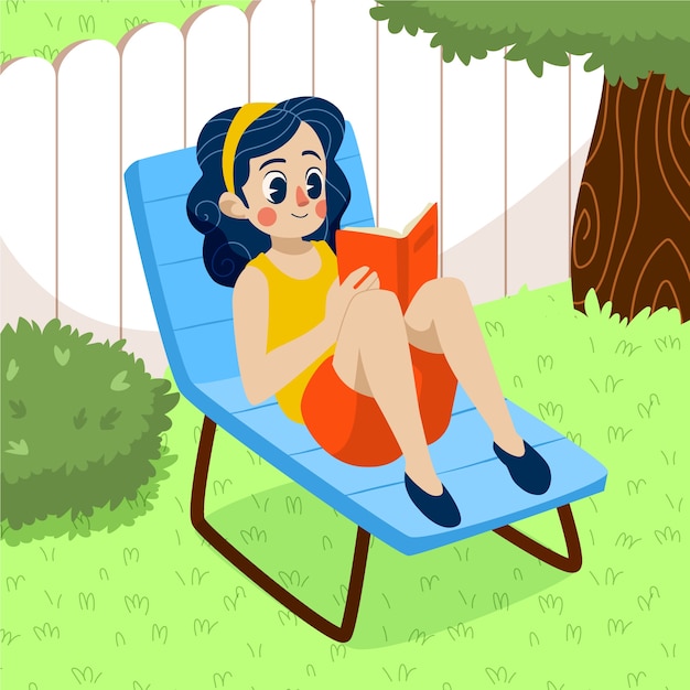 Free Vector flat summer reading books illustration with woman on chair in backyard