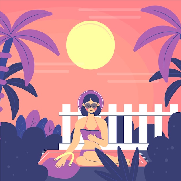 Free vector flat summer reading books illustration with woman on towel at sunset