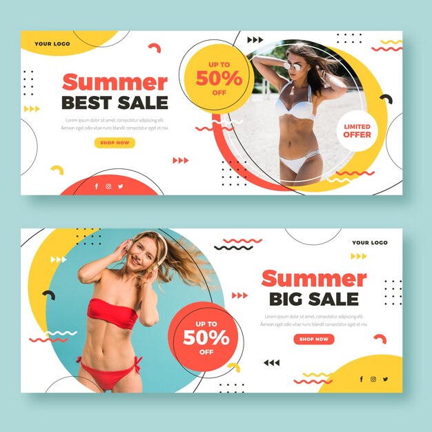 Flat summer sale banner template with photo