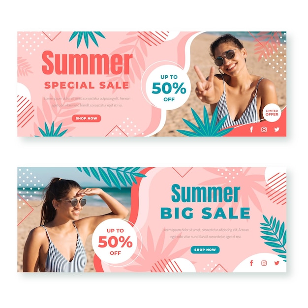 Flat summer sale banner template with photo