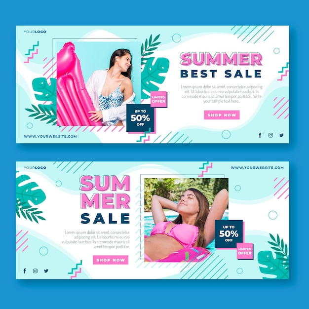 Flat summer sale banner template with photo