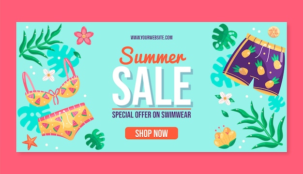 Flat summer sale horizontal banner template with bikinis and shorts