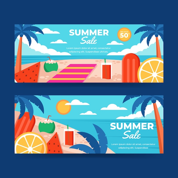 Flat summer sale horizontal banners set