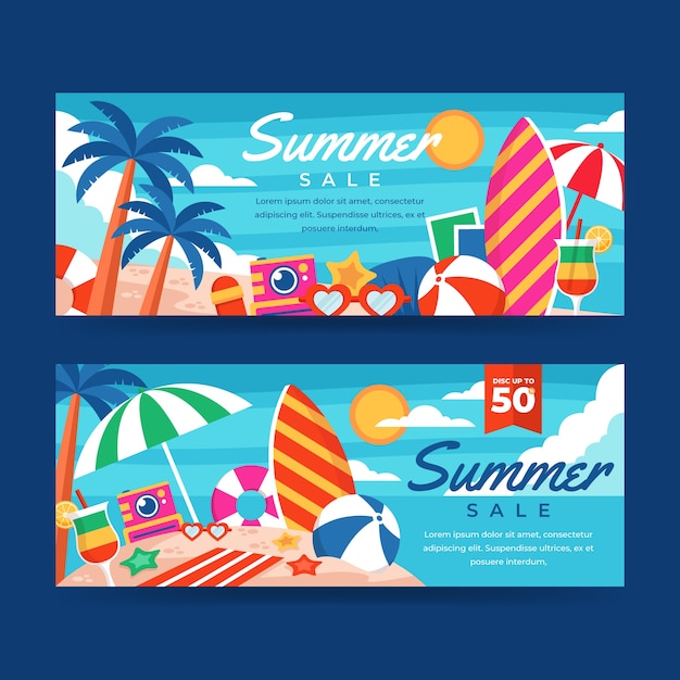 Flat summer sale horizontal banners set