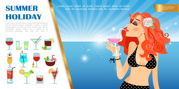 Flat summer vacation template with beautiful woman sipping cocktail on sea landscape and alcohol drinks set  illustration,