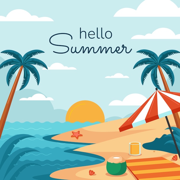 Flat summer vibes illustration with beach and umbrella