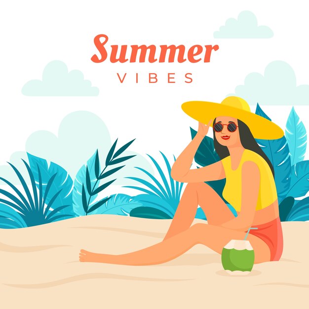 Flat summer vibes illustration with woman having a coconut cocktail on the beach