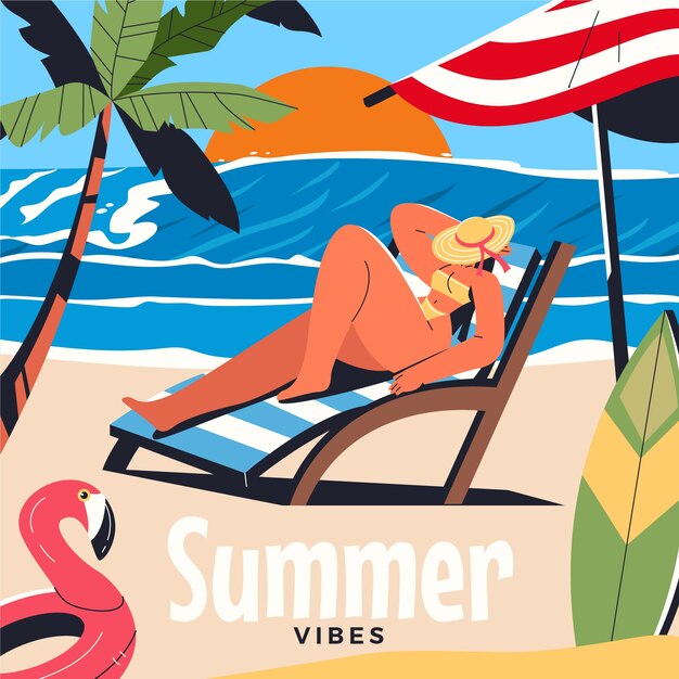 Flat summer vibes illustration with woman on lounge chair at the beach