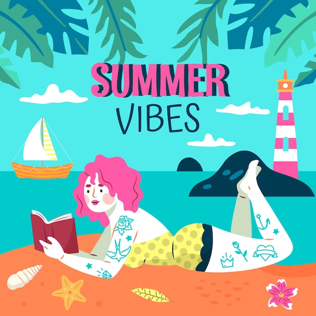 Free Vector flat summer vibes illustration with woman reading on the beach