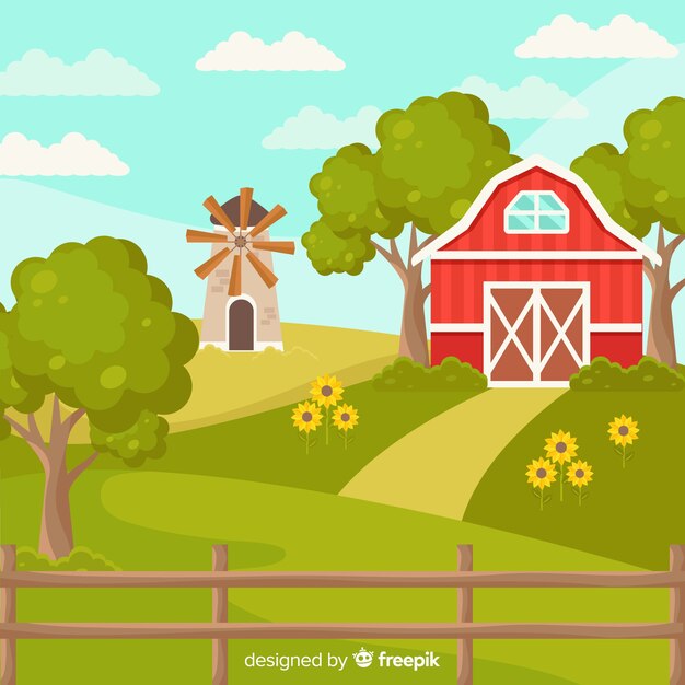 Flat sunny farm landscape background