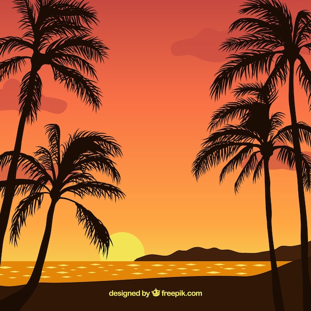 Flat sunset background with palm trees