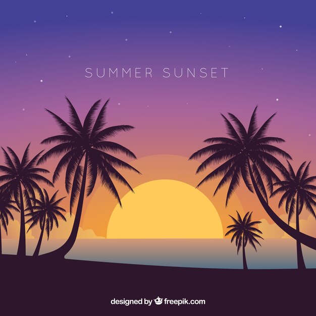 Flat sunset background with palm trees