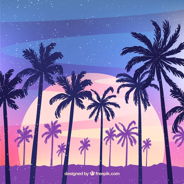 Free Vector flat sunset background with palm trees