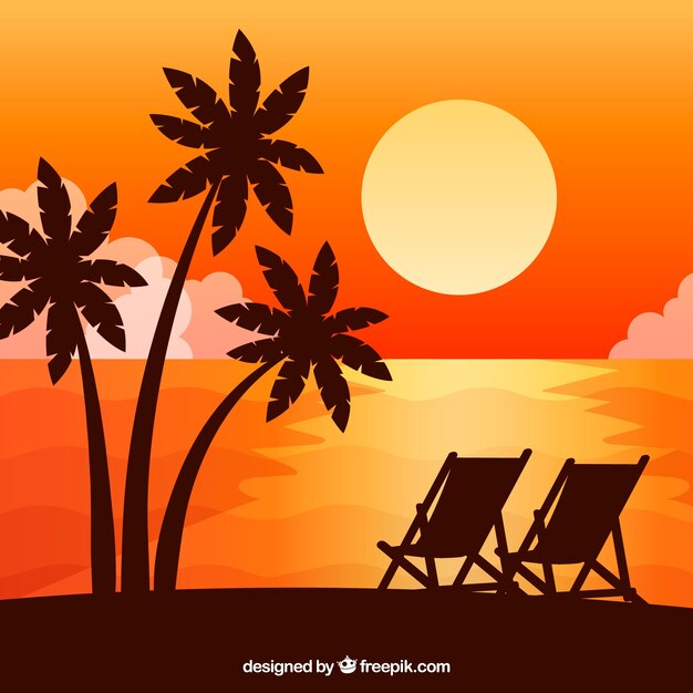 Flat sunset background with palm trees