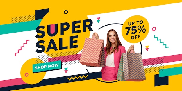 Free vector flat super sale banner with photo