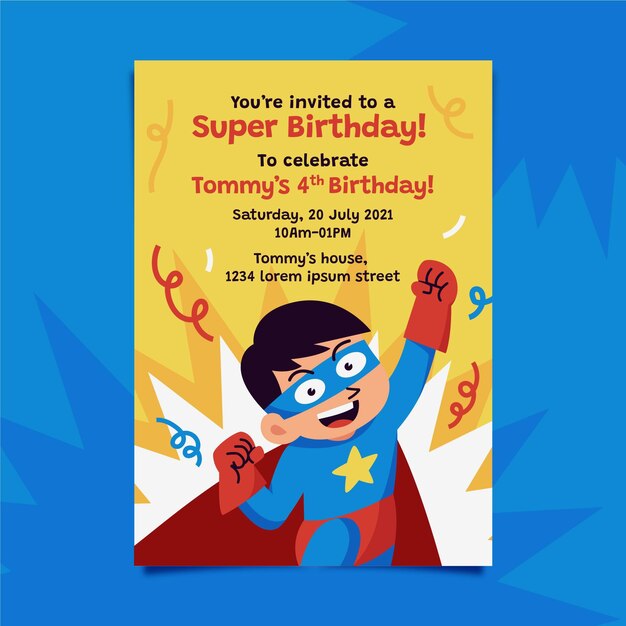 Flat superhero illustration birthday invitation